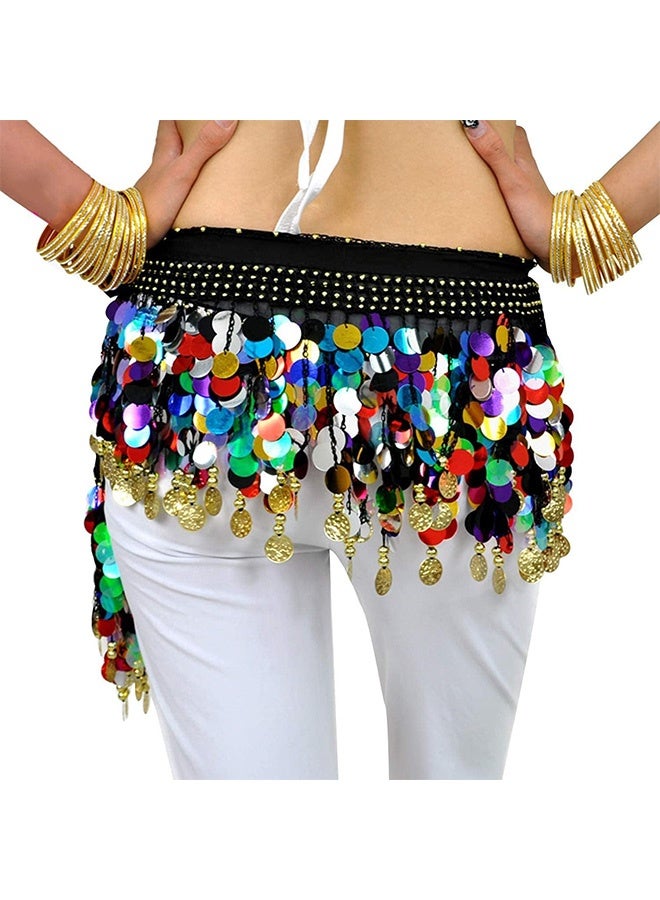 Peachjoy Women Belly Dance Hip Scarf, Dancing Costumes 88 Colorful Gold Coins Hip Belt Skirt, Chiffon Dangling Belly Dance Waist Costume Belt for Women Girls, Black  - Image 3