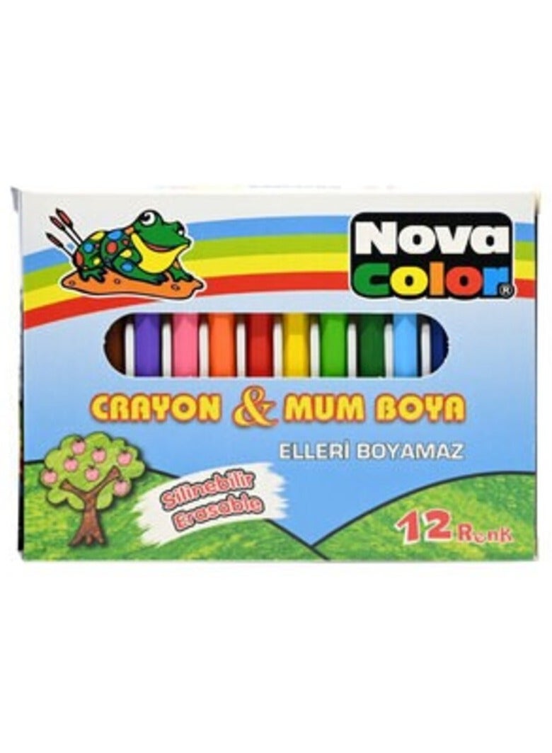 نوفا كولور مجموعة ألوان شمع نوفا 12 لون (أزرق، أخضر، أصفر، أحمر، بني، أخضر فاتح، أزرق فاتح، بنفسجي، برتقالي، أسود، وردي، رمادي) -KRCRNC-1112