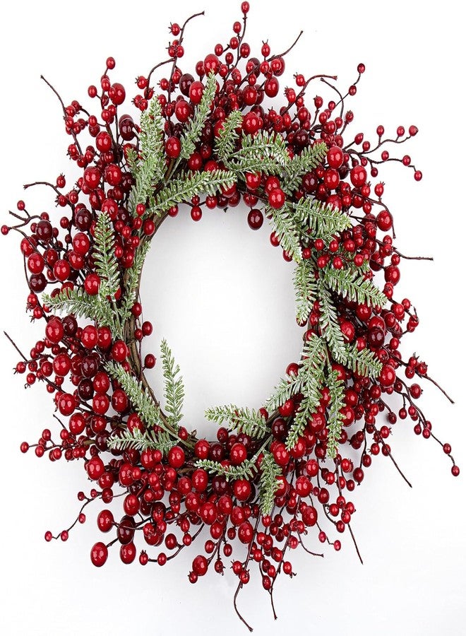 Yawwind 20 Inches Red Christmas Wreaths Farmhouse Christmas Wreaths for Front Door Classic Red Berry Wreath Winter Holiday Wreath with Fir Pine Needle for Doors Window Indoors Porches Outside - Image 1