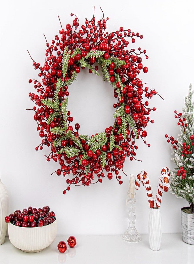 Yawwind 20 Inches Red Christmas Wreaths Farmhouse Christmas Wreaths for Front Door Classic Red Berry Wreath Winter Holiday Wreath with Fir Pine Needle for Doors Window Indoors Porches Outside - Image 2