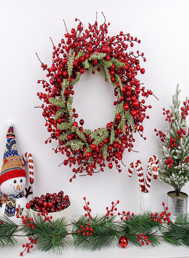 Yawwind 20 Inches Red Christmas Wreaths Farmhouse Christmas Wreaths for Front Door Classic Red Berry Wreath Winter Holiday Wreath with Fir Pine Needle for Doors Window Indoors Porches Outside - Image 3