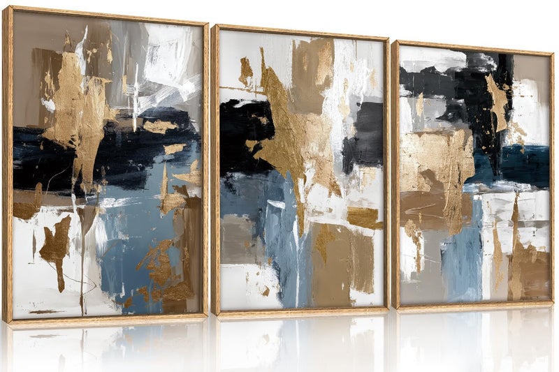 KAIRNE Blue Abstract Neutral Wall Art Set of 3, Modern Minimalist Framed Canvas Art, Textured Watercolor Wall Decor,Gold, Brown, Gray Tan, Black for Living Room, Bedroom, Office 16x24 Inch - Image 1