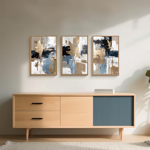 KAIRNE Blue Abstract Neutral Wall Art Set of 3, Modern Minimalist Framed Canvas Art, Textured Watercolor Wall Decor,Gold, Brown, Gray Tan, Black for Living Room, Bedroom, Office 16x24 Inch - Image 5