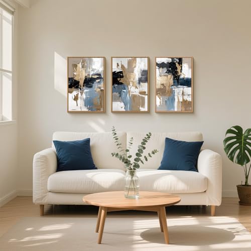 KAIRNE Blue Abstract Neutral Wall Art Set of 3, Modern Minimalist Framed Canvas Art, Textured Watercolor Wall Decor,Gold, Brown, Gray Tan, Black for Living Room, Bedroom, Office 16x24 Inch - Image 2