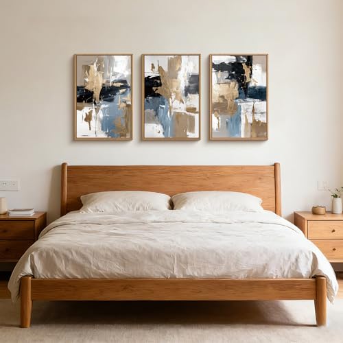 KAIRNE Blue Abstract Neutral Wall Art Set of 3, Modern Minimalist Framed Canvas Art, Textured Watercolor Wall Decor,Gold, Brown, Gray Tan, Black for Living Room, Bedroom, Office 16x24 Inch - Image 3