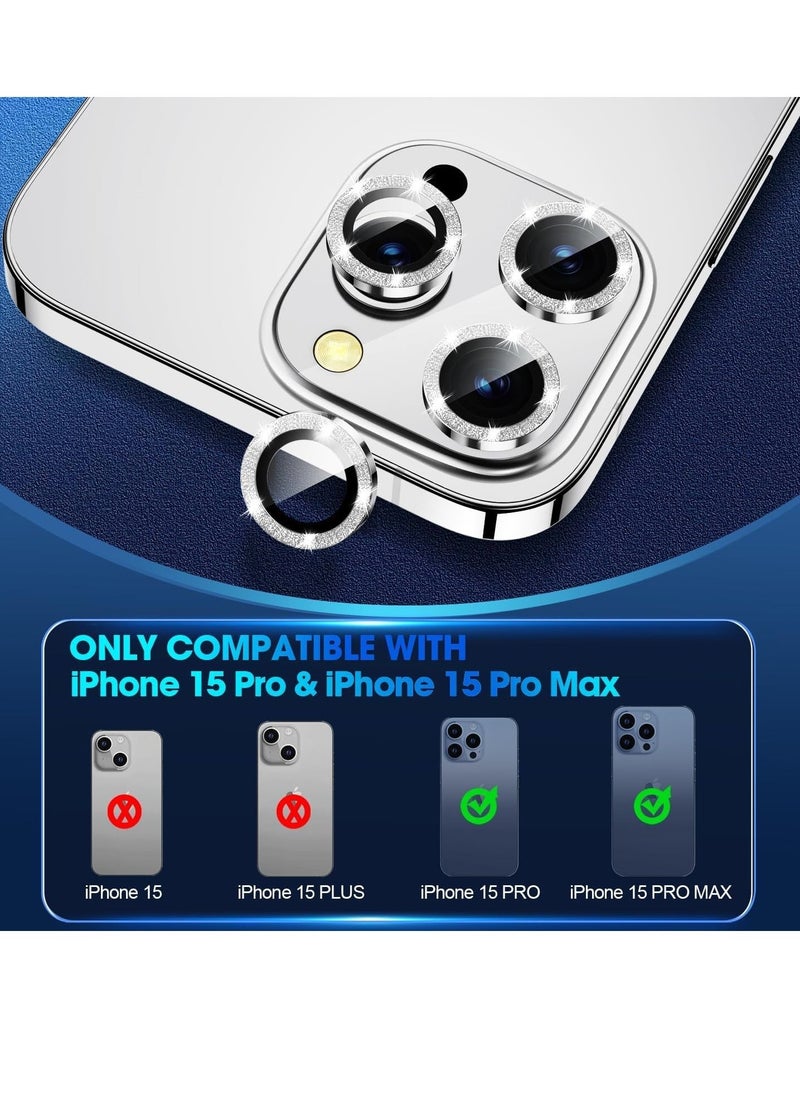 Raxoom iPhone 15 Pro - iPhone 15 Pro Max Camera Lens Protector, 9H Tempered Glass Camera Cover Screen Protector Metal Individual Ring for iPhone 15 Pro 6.1 inch iPhone 15 Pro Max 6.7 inch[Glitter] (White Tit - Image 2