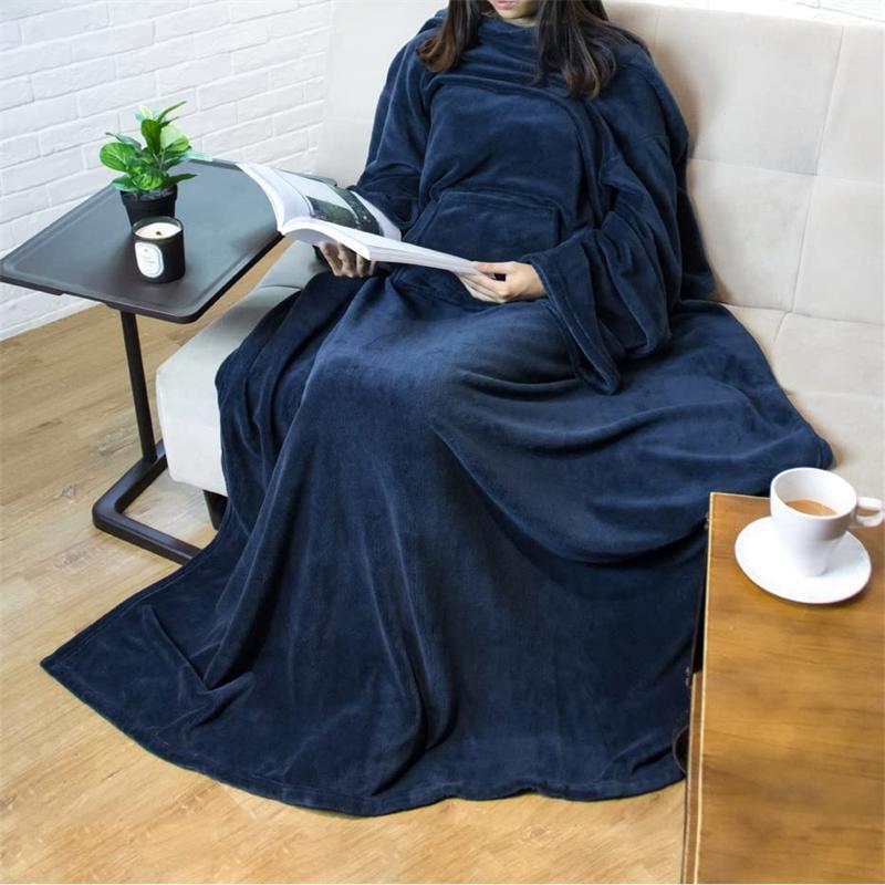Multifunctional Wearable TV Blanket with Pockets Anti-Static Fleece Navy Blue Belt Velcro 
