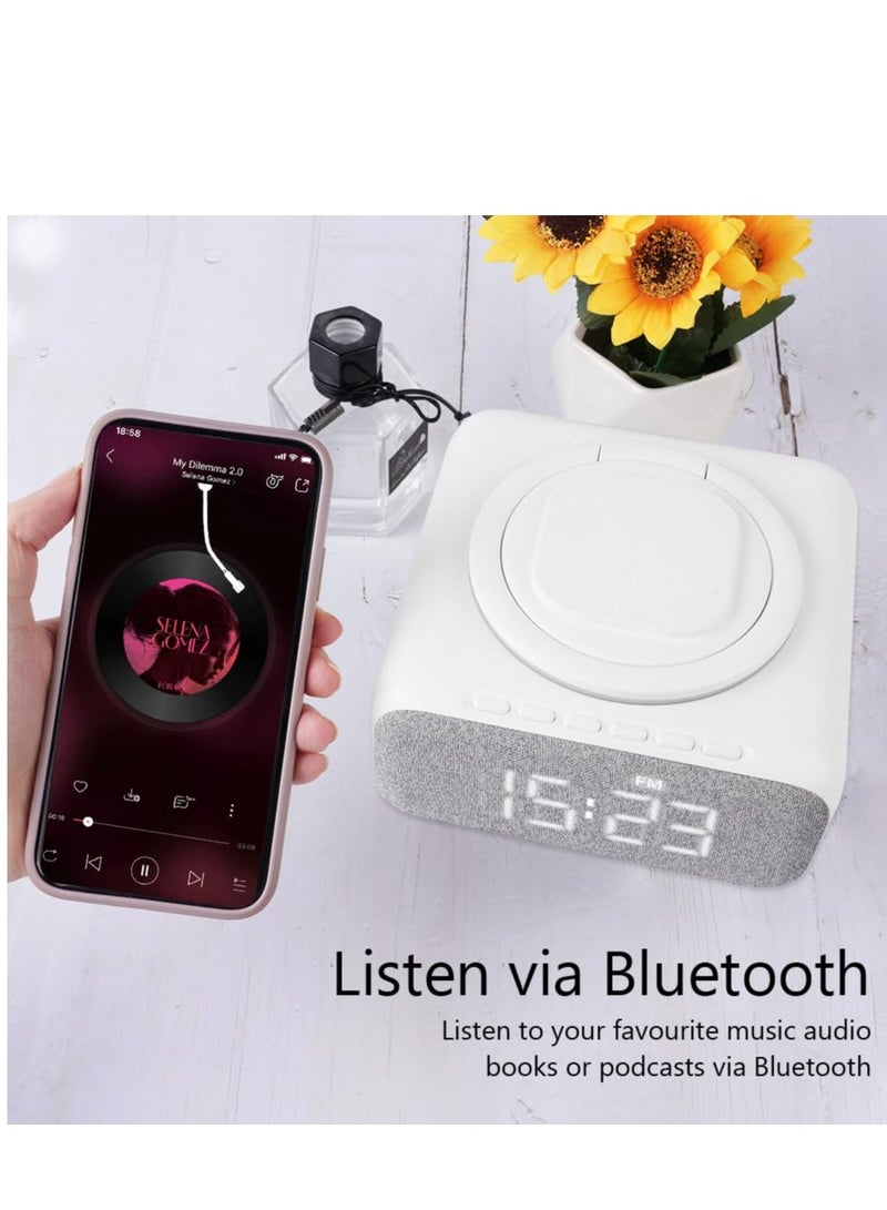 SYOSI ساعة منبه راديو، ساعة منبه بجانب السرير مع مكبر صوت بلوتوث، شاشة LED قابلة للتعتيم محطة شحن لاسلكية فائقة السرعة، منفذ شحن USB راديو FM ساعة منبه مع ضوء ليلي وحامل - Image 4