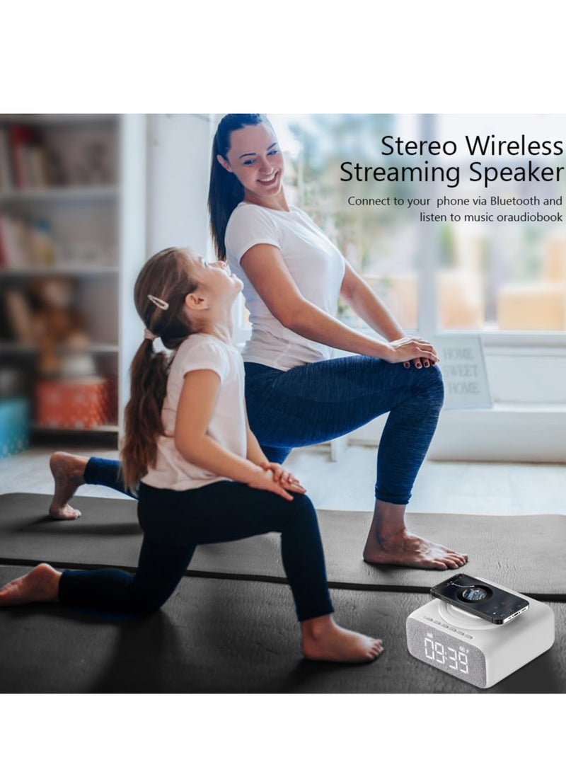 SYOSI ساعة منبه راديو، ساعة منبه بجانب السرير مع مكبر صوت بلوتوث، شاشة LED قابلة للتعتيم محطة شحن لاسلكية فائقة السرعة، منفذ شحن USB راديو FM ساعة منبه مع ضوء ليلي وحامل - Image 5