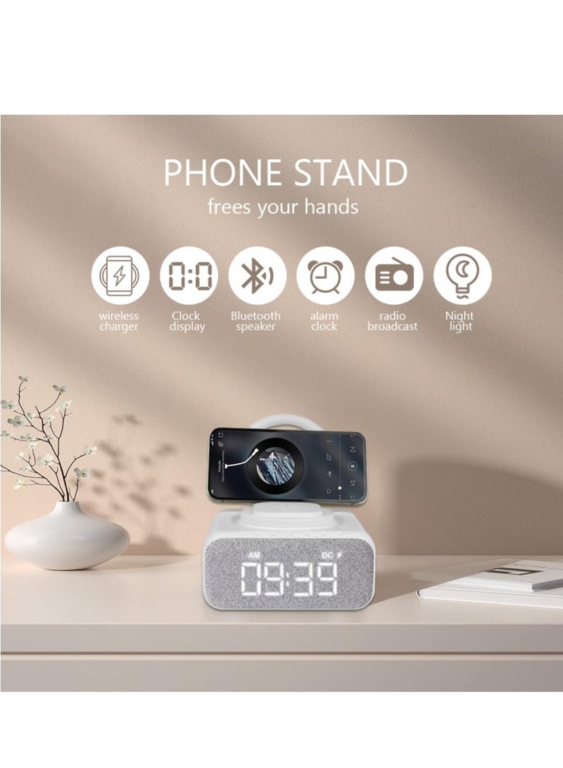 SYOSI ساعة منبه راديو، ساعة منبه بجانب السرير مع مكبر صوت بلوتوث، شاشة LED قابلة للتعتيم محطة شحن لاسلكية فائقة السرعة، منفذ شحن USB راديو FM ساعة منبه مع ضوء ليلي وحامل - Image 2