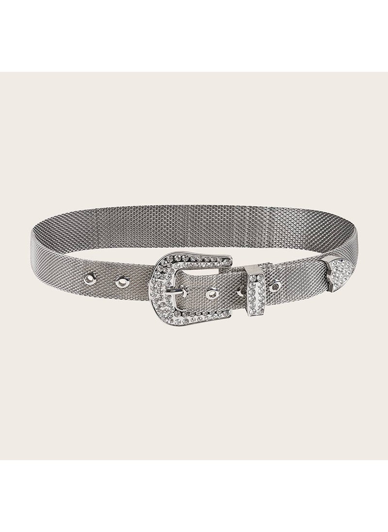 Generic Silver Metal Punk Belt Casual Women Fashion Waist Chain Belt Buckle Head Diamond Embedded Single Circle 100cm Length Summer Autumn Spring Season Silver 