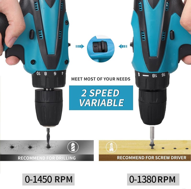 WEMART 12V Cordless Drill Set, Electric Drill With Battery And Charger, Home Power Drill, 3/8-Inch Keyless Chuck, 2 Variable Speed, 18+1 Position, Led Light And 24Pcs Accessories (Blue) - Image 4