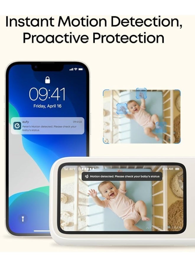 إيوفي جهاز مراقبة الأطفال eufy Baby Monitor C10 مزود بكاميرا عالية الدقة 2K، وشاشة مقاس 4.5 بوصة بدقة 480p، مع تقريب بصري حتى 4 مرات، ودعم الحركة الأفقية والرأسية (Pan-Tilt)، ورؤية ليلية واضحة.  يدعم الاتصال المزدوج (Wi-Fi وبدون Wi-Fi) لتوفير مرونة وأمان أكبر، مع بطارية تدوم حتى 12 ساعة.  يحتوي على تنبيهات ذكية للحركة، وبكاء الطفل، والأصوات، ودرجة الحرارة، بالإضافة إلى خاصية التحدث ثنائي الاتجاه (2-Way Talk) ووضع VOX لتفعيل الشاشة عند اكتشاف الصوت. - Image 3