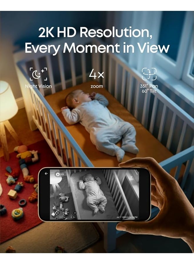إيوفي جهاز مراقبة الأطفال eufy Baby Monitor C10 مزود بكاميرا عالية الدقة 2K، وشاشة مقاس 4.5 بوصة بدقة 480p، مع تقريب بصري حتى 4 مرات، ودعم الحركة الأفقية والرأسية (Pan-Tilt)، ورؤية ليلية واضحة.  يدعم الاتصال المزدوج (Wi-Fi وبدون Wi-Fi) لتوفير مرونة وأمان أكبر، مع بطارية تدوم حتى 12 ساعة.  يحتوي على تنبيهات ذكية للحركة، وبكاء الطفل، والأصوات، ودرجة الحرارة، بالإضافة إلى خاصية التحدث ثنائي الاتجاه (2-Way Talk) ووضع VOX لتفعيل الشاشة عند اكتشاف الصوت. - Image 5