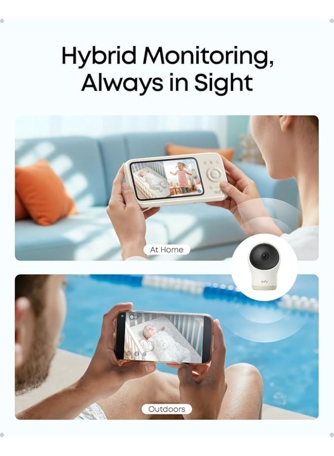 إيوفي جهاز مراقبة الأطفال eufy Baby Monitor C10 مزود بكاميرا عالية الدقة 2K، وشاشة مقاس 4.5 بوصة بدقة 480p، مع تقريب بصري حتى 4 مرات، ودعم الحركة الأفقية والرأسية (Pan-Tilt)، ورؤية ليلية واضحة.  يدعم الاتصال المزدوج (Wi-Fi وبدون Wi-Fi) لتوفير مرونة وأمان أكبر، مع بطارية تدوم حتى 12 ساعة.  يحتوي على تنبيهات ذكية للحركة، وبكاء الطفل، والأصوات، ودرجة الحرارة، بالإضافة إلى خاصية التحدث ثنائي الاتجاه (2-Way Talk) ووضع VOX لتفعيل الشاشة عند اكتشاف الصوت. - Image 4