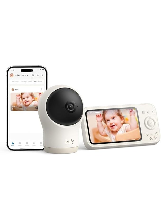 إيوفي جهاز مراقبة الأطفال eufy Baby Monitor C10 مزود بكاميرا عالية الدقة 2K، وشاشة مقاس 4.5 بوصة بدقة 480p، مع تقريب بصري حتى 4 مرات، ودعم الحركة الأفقية والرأسية (Pan-Tilt)، ورؤية ليلية واضحة.  يدعم الاتصال المزدوج (Wi-Fi وبدون Wi-Fi) لتوفير مرونة وأمان أكبر، مع بطارية تدوم حتى 12 ساعة.  يحتوي على تنبيهات ذكية للحركة، وبكاء الطفل، والأصوات، ودرجة الحرارة، بالإضافة إلى خاصية التحدث ثنائي الاتجاه (2-Way Talk) ووضع VOX لتفعيل الشاشة عند اكتشاف الصوت. - Image 1
