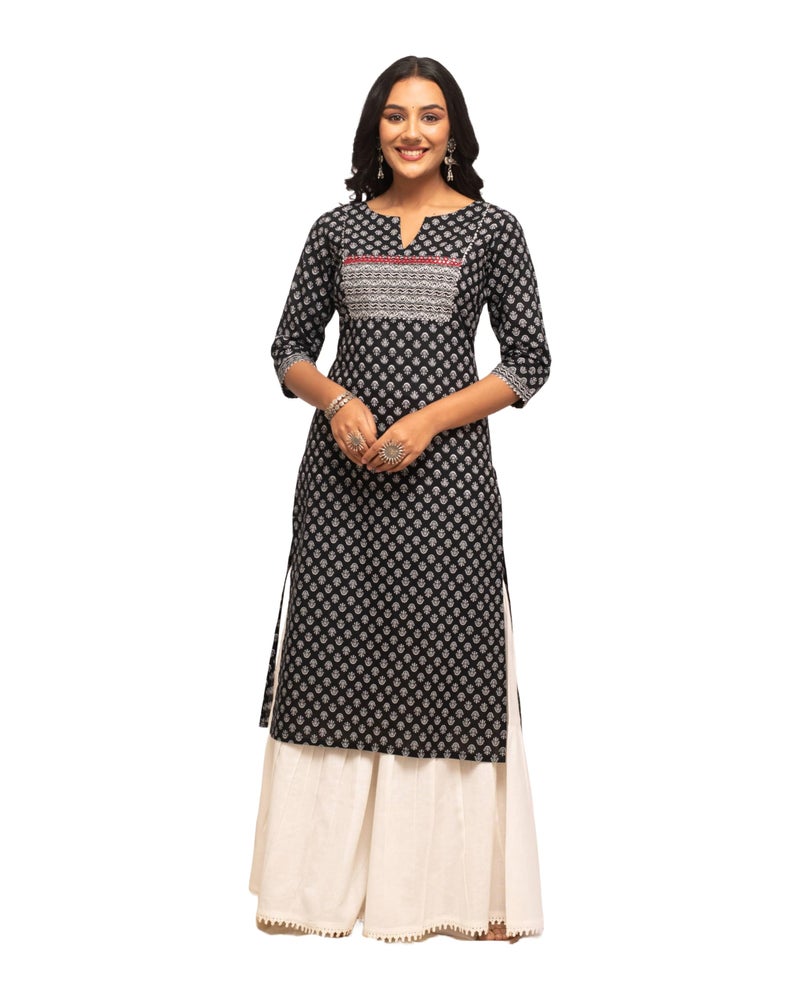 FIORRA Women's Floral Printed Black Cotton Straight Kurta FAR0102 - Image 1