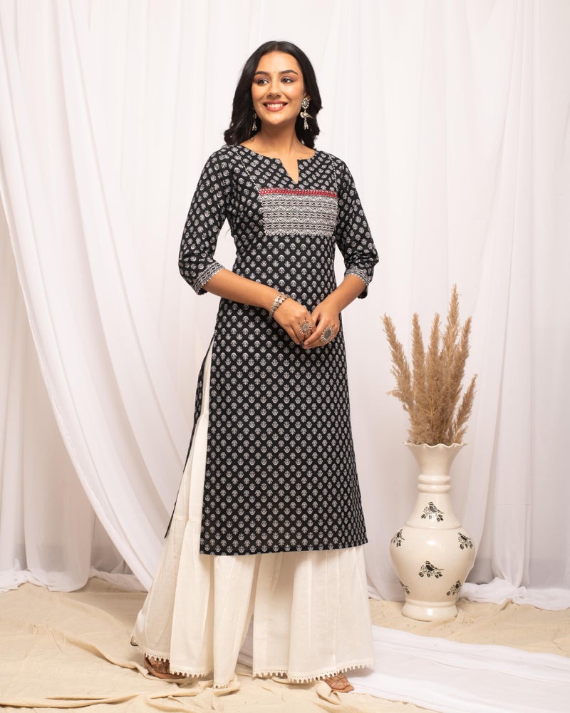 FIORRA Women's Floral Printed Black Cotton Straight Kurta FAR0102 - Image 2