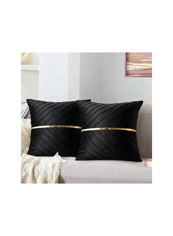 The Bros أغطية وسائد مخملية سوداء 18x18 بوصة عبوة من 2 مع غطاء وسادة جلدية ذهبية للكنبة الفاخرة الحديثة لزفاف غرفة المعيشة غرفة النوم الأريكة الوسادة السرير - Image 4
