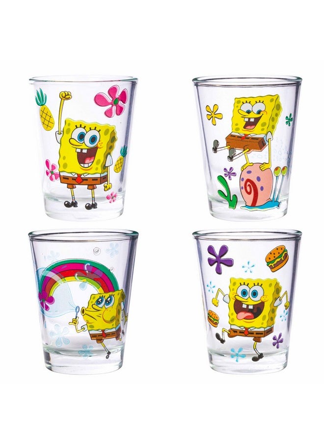 Silver Buffalo - Silver Buffalo SpongeBob SquarePants Poses Floral Krabby Patty 4-Pack Mini Glass Set, 1.5 Ounces - Image 1