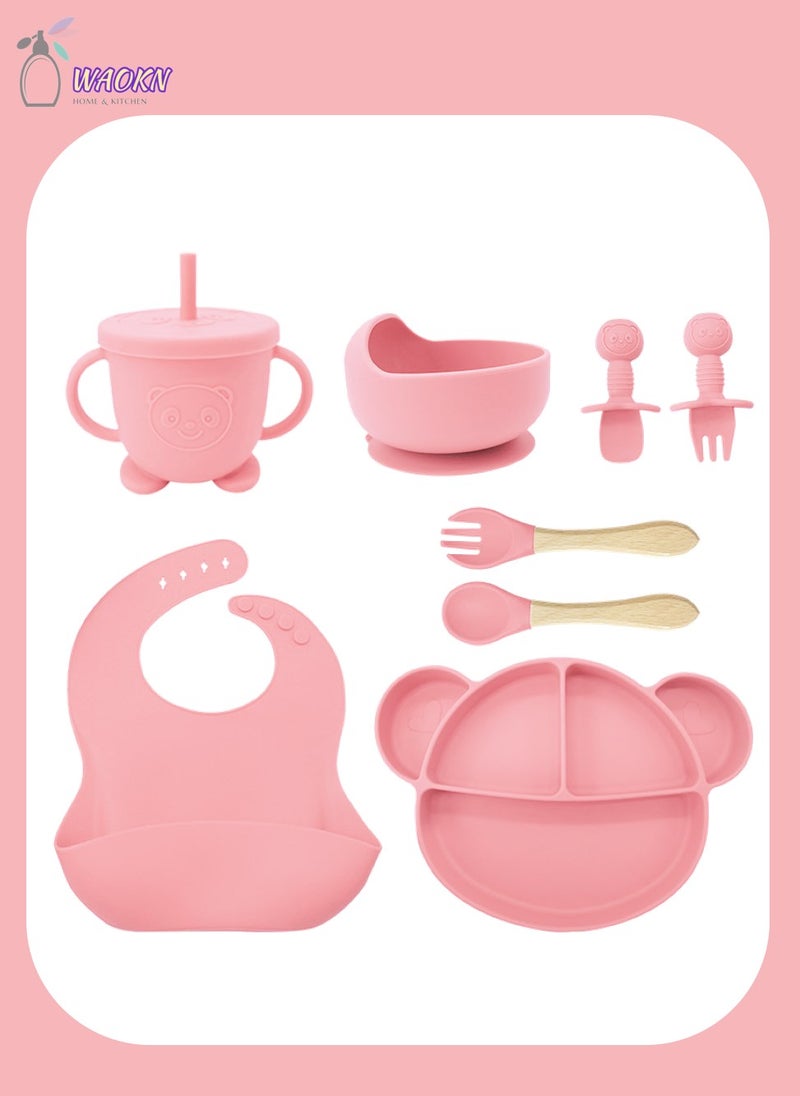 WAOKN 8Pcs Baby Silicone Tableware Set Special For Infants To Eat Their Own Training Tableware Set Including Complementary Food Bowl Sippy Cup Dinner Plate Bib Fork And Spoon(Light Pink)  - Image 1
