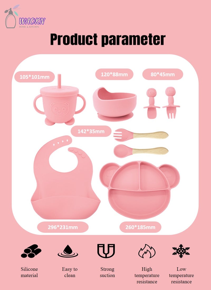 WAOKN 8Pcs Baby Silicone Tableware Set Special For Infants To Eat Their Own Training Tableware Set Including Complementary Food Bowl Sippy Cup Dinner Plate Bib Fork And Spoon(Light Pink)  - Image 2