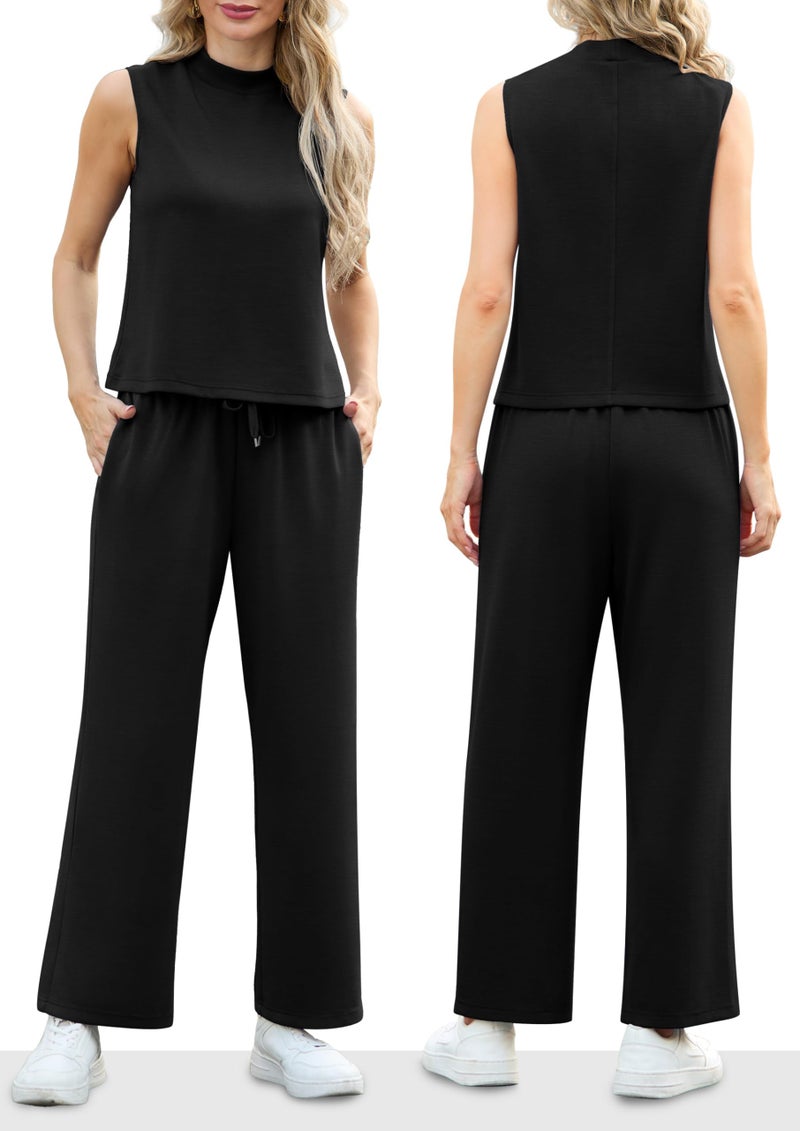 Lepunuo Women's Summer Two Piece Outfits Lounge Sets Mock Neck Sleeveless Tops Casual Wide Leg Pants Vacation Travel Outfits - Image 4