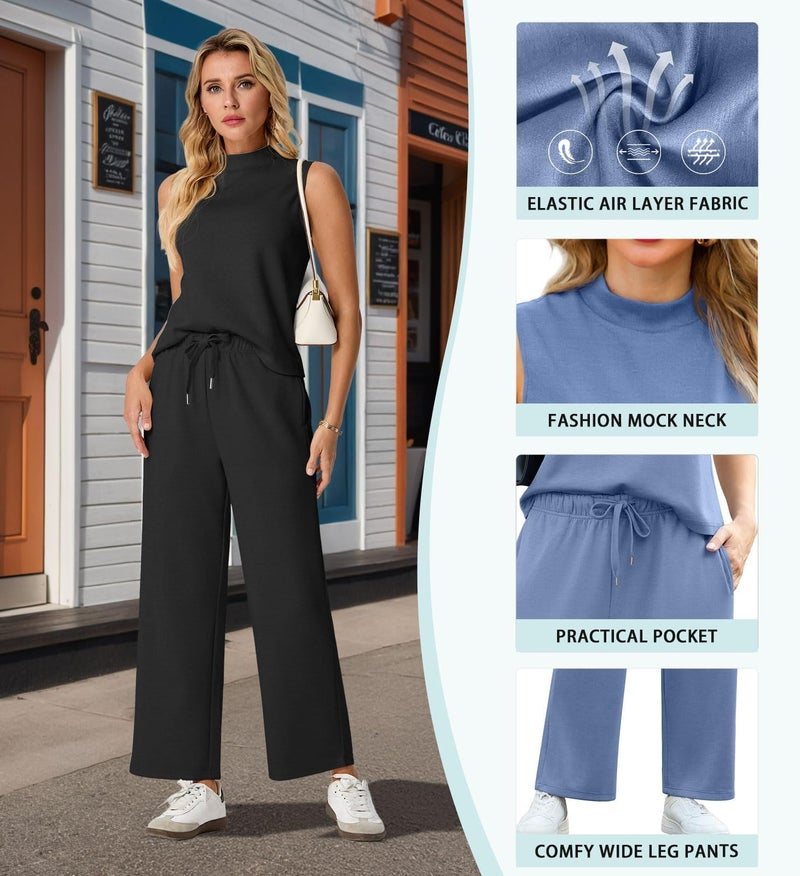 Lepunuo Women's Summer Two Piece Outfits Lounge Sets Mock Neck Sleeveless Tops Casual Wide Leg Pants Vacation Travel Outfits - Image 1