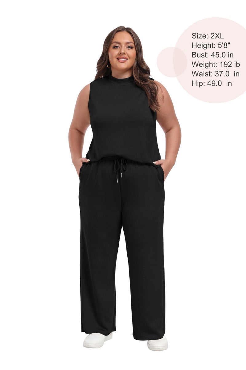 Lepunuo Women's Summer Two Piece Outfits Lounge Sets Mock Neck Sleeveless Tops Casual Wide Leg Pants Vacation Travel Outfits - Image 3