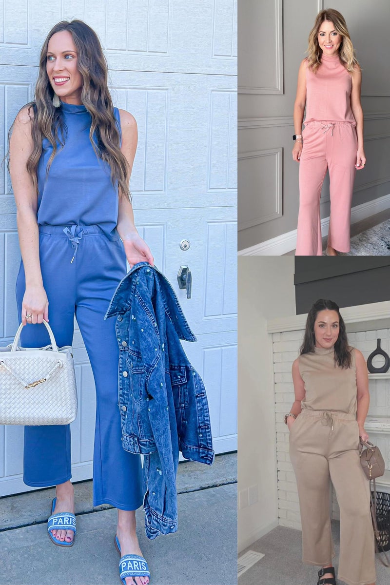 Lepunuo Women's Summer Two Piece Outfits Lounge Sets Mock Neck Sleeveless Tops Casual Wide Leg Pants Vacation Travel Outfits - Image 5