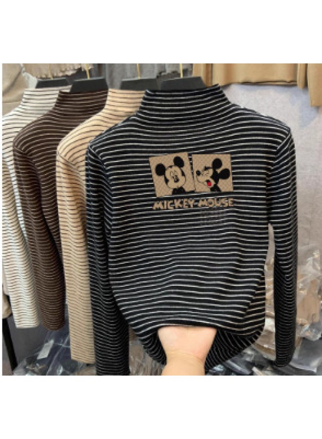 Boys And Girls German Velvet Inner Layering Shirt Autumn And Winter Medium And Large Kidsren's Half Turtleneck Long-sleeved T-shirt Stripesd Cartoon Top