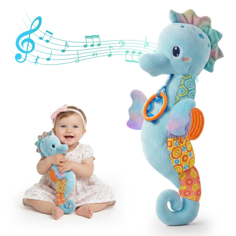 Coqin Baby Toys 0-6 Months,Infant Musical Seahorse Stuffed Animals Sensory Toys with Bright Colors,Multiple Textures,Rattles & Crinkle Sound Paper,Soft Tummy Time Toy for Newborn Boys Girls 0-12 Months-Blue - Image 1