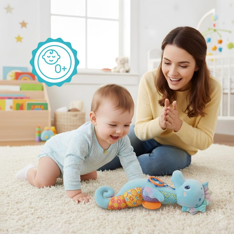 Coqin Baby Toys 0-6 Months,Infant Musical Seahorse Stuffed Animals Sensory Toys with Bright Colors,Multiple Textures,Rattles & Crinkle Sound Paper,Soft Tummy Time Toy for Newborn Boys Girls 0-12 Months-Blue - Image 5
