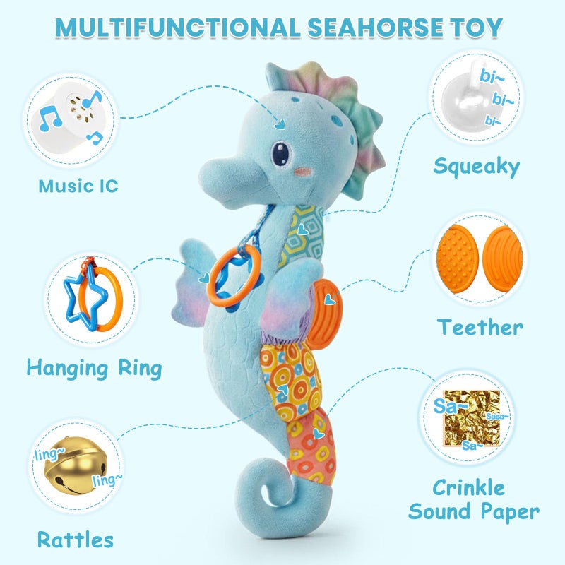 Coqin Baby Toys 0-6 Months,Infant Musical Seahorse Stuffed Animals Sensory Toys with Bright Colors,Multiple Textures,Rattles & Crinkle Sound Paper,Soft Tummy Time Toy for Newborn Boys Girls 0-12 Months-Blue - Image 2