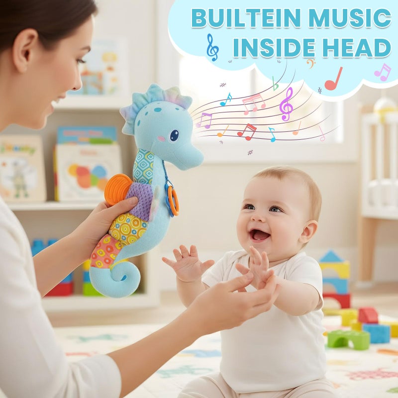 Coqin Baby Toys 0-6 Months,Infant Musical Seahorse Stuffed Animals Sensory Toys with Bright Colors,Multiple Textures,Rattles & Crinkle Sound Paper,Soft Tummy Time Toy for Newborn Boys Girls 0-12 Months-Blue - Image 3