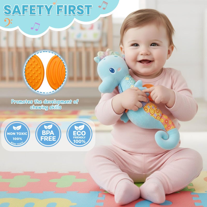 Coqin Baby Toys 0-6 Months,Infant Musical Seahorse Stuffed Animals Sensory Toys with Bright Colors,Multiple Textures,Rattles & Crinkle Sound Paper,Soft Tummy Time Toy for Newborn Boys Girls 0-12 Months-Blue - Image 4
