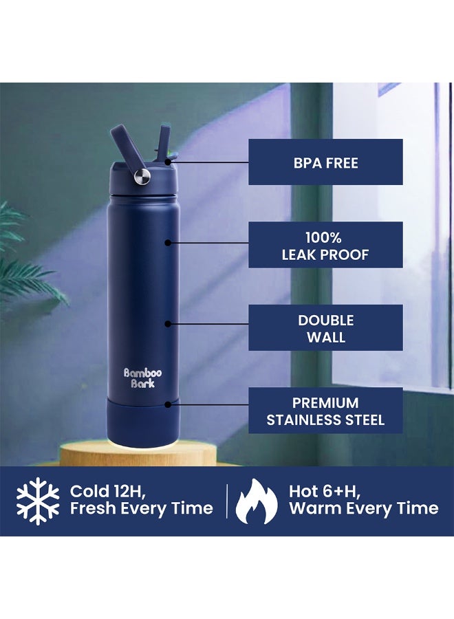 Bamboo Bark 750 ML Insulated Water Bottle with Sipper Lid – Stainless Steel Double Wall Vacuum Flask for Hot & Cold Water Leak-Proof, Reusable Sports Thermos Bottle - (Deep Navy) - Image 2