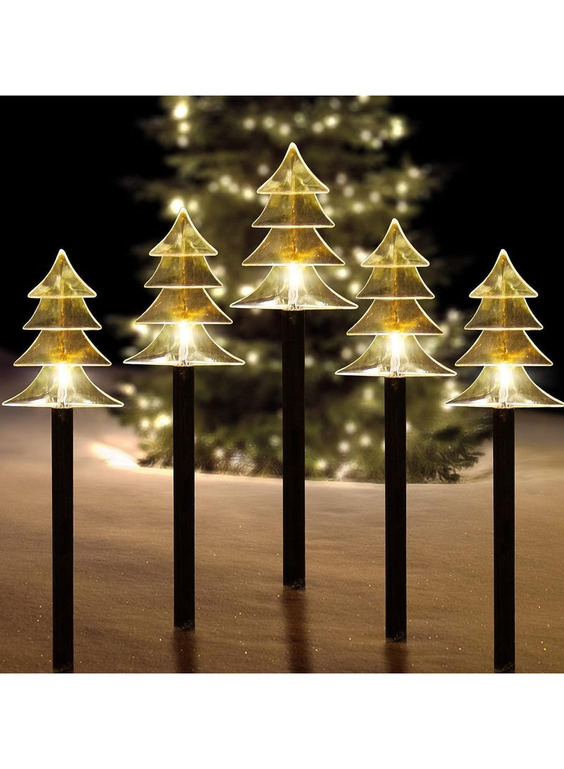 AUTOYSUR أضواء مسار شمسية لعيد الميلاد، مجموعة من 5 أضواء عيد الميلاد المقاومة للماء، زينة عيد الميلاد، أضواء LED للحديقة والفناء ومسار الديكور (5PCS-أبيض دافئ-شجرة) - Image 3