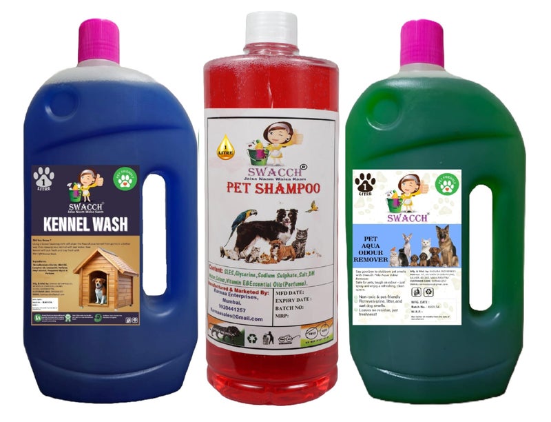 swacch Kennel Wash (Lavender) + Pet Shampoo (Jasmine) I Pet Aqua Odour Remover (Mogra) 1 Litre Combo Pack of 3 Economical Pack I Dog and Cat Friendly - Image 1