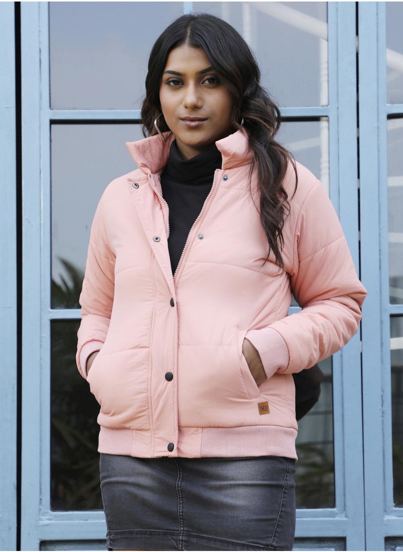 Campus Sutra Women's Blush Pink Puffer Jacket With Angled Open Pockets  - Image 2