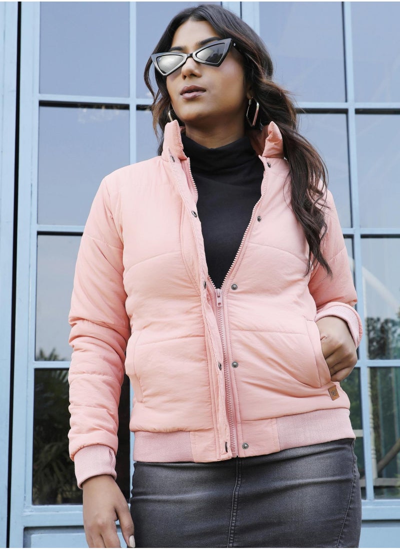Campus Sutra Women's Blush Pink Puffer Jacket With Angled Open Pockets  - Image 1