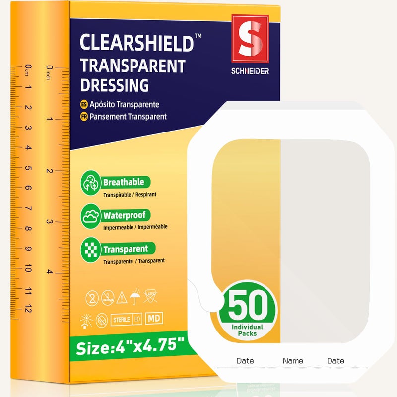 Clearshield 50 Pack Transparent Film Dressing, 4" x 4.75" Waterproof Bandages Breathable Hypoallergenic, Adhesive Patch for Post Surgical Shower, IV Shield, Tattoo Aftercare - Image 1