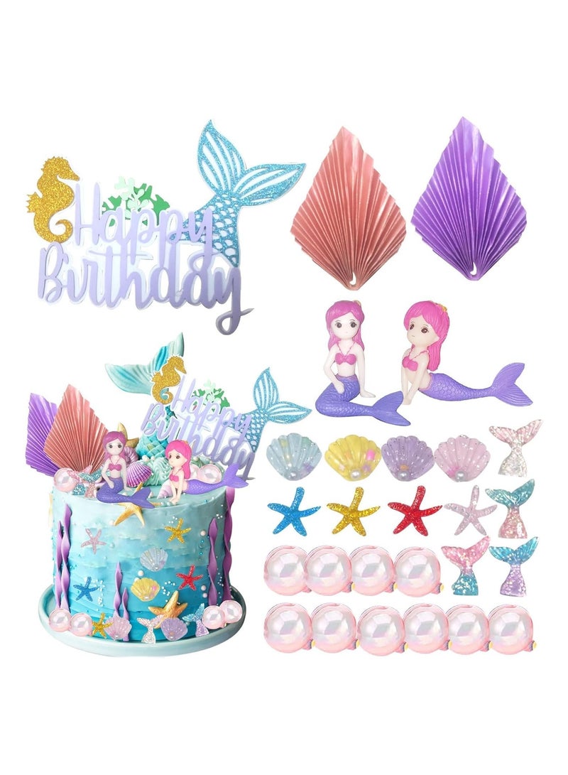 KASTWAVE Mermaid Cake Toppers, 27Pcs Under The Sea Cake Toppers Kit with Mermaid Figurines starfish Shell mermaid Tail cupcake Picks for Kids Girls Birthday Baby Shower Party Decorations - Image 1