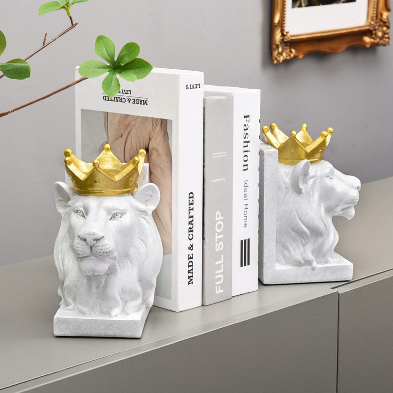 Kakizzy Decorative Lion Bookends - Modern Animal Book Stoppers for Heavy Books - White Lion Figurines - Image 5