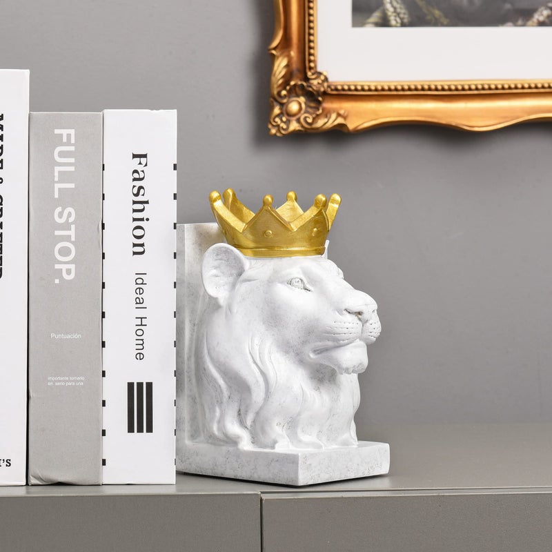 Kakizzy Decorative Lion Bookends - Modern Animal Book Stoppers for Heavy Books - White Lion Figurines - Image 3
