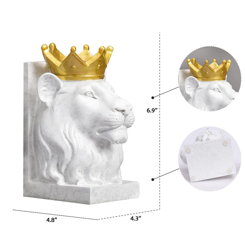 Kakizzy Decorative Lion Bookends - Modern Animal Book Stoppers for Heavy Books - White Lion Figurines - Image 2