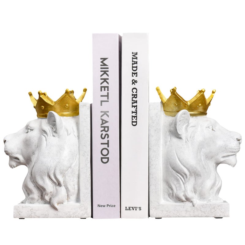 Kakizzy Decorative Lion Bookends - Modern Animal Book Stoppers for Heavy Books - White Lion Figurines - Image 1