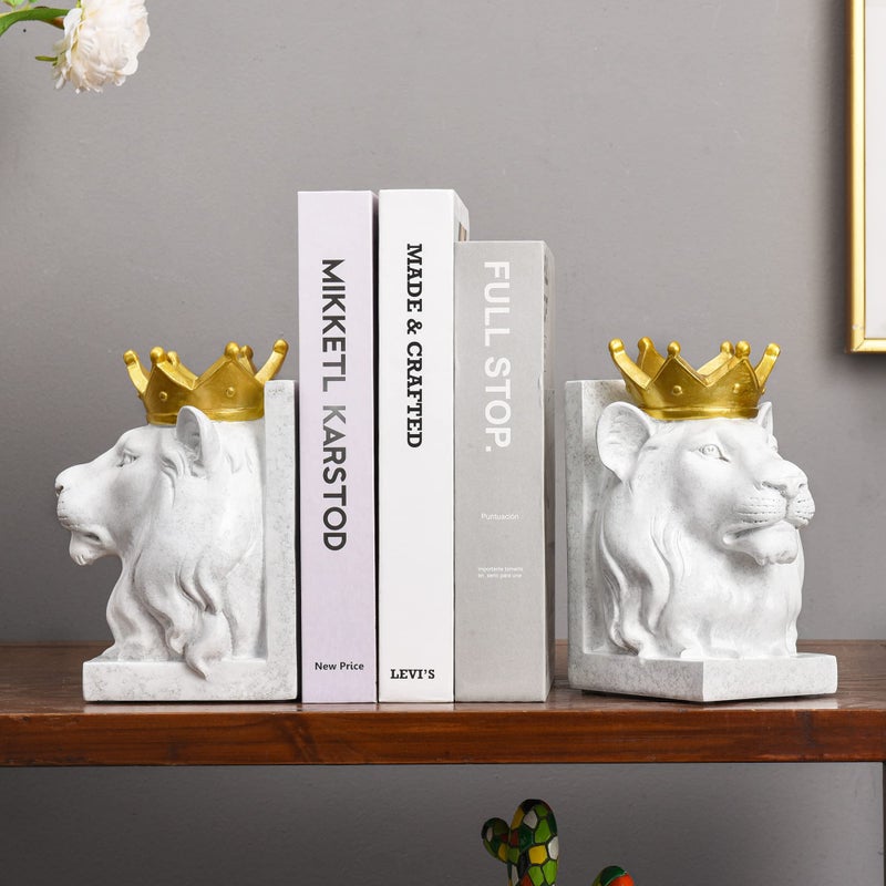 Kakizzy Decorative Lion Bookends - Modern Animal Book Stoppers for Heavy Books - White Lion Figurines - Image 4