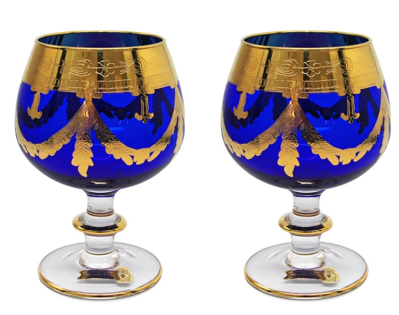 Interglass Interglass  Italy Cobalt Blue Crystal Cognac Snifters Goblets Vintage Design 24K Gold Hand Decorated 10 Oz SET OF 2 