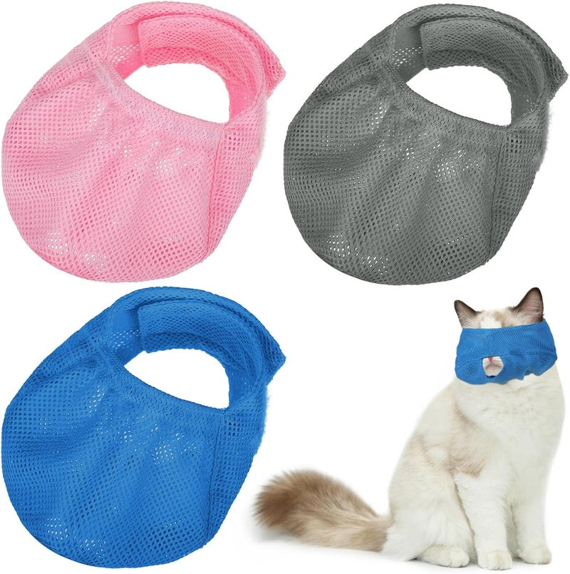 Weewooday 3 Pieces Cat Muzzles Breathable Mesh Muzzles Cat Grooming Restraint Bags with Muzzle Anti Bite Anti Meow for Prevent Cats from Biting (Blue, Pink, Gray,) - Image 1